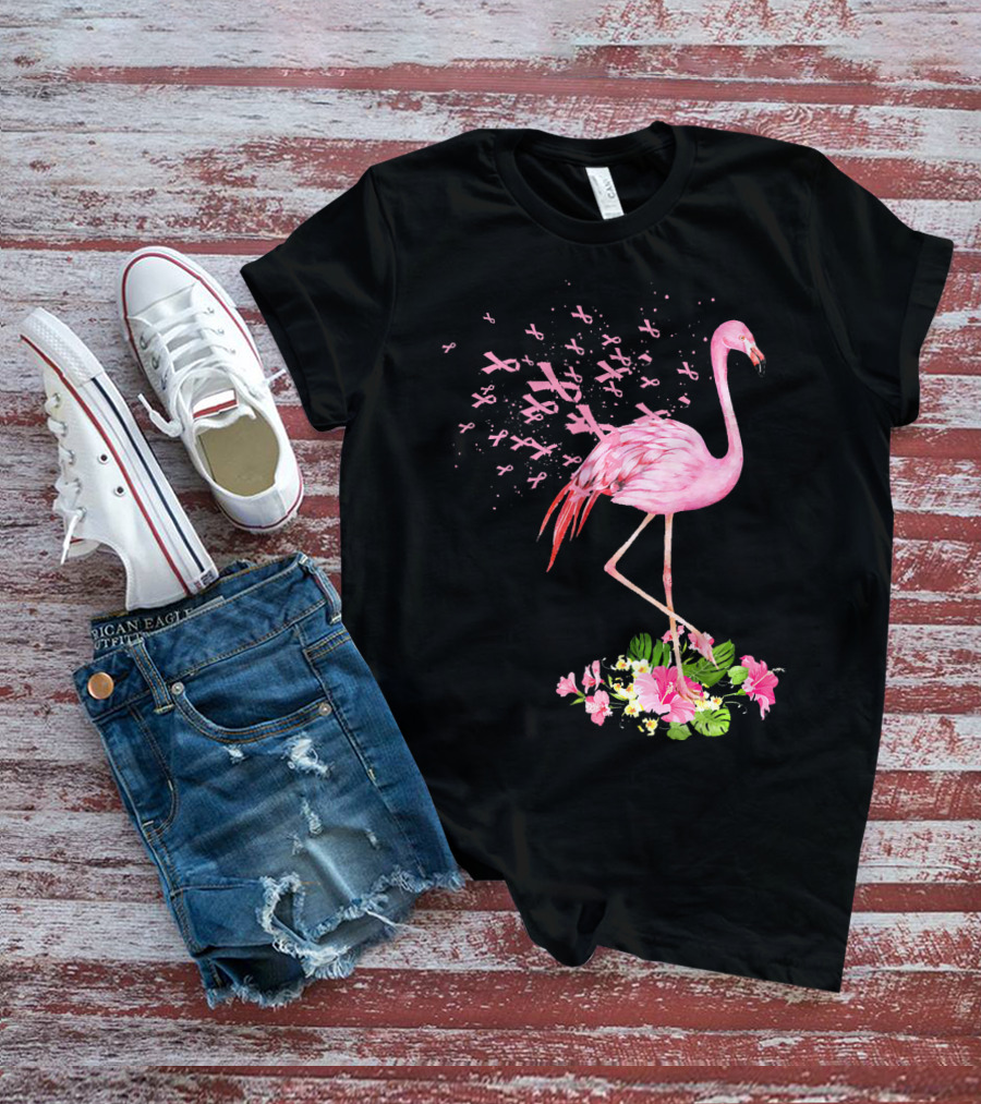 Flamingo With Pink Breast Cancer Ribbons And Floral Accents T-Shirt
