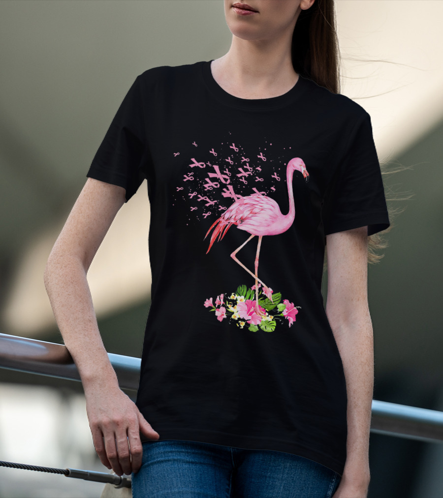 Flamingo With Pink Breast Cancer Ribbons And Floral Accents T-Shirt