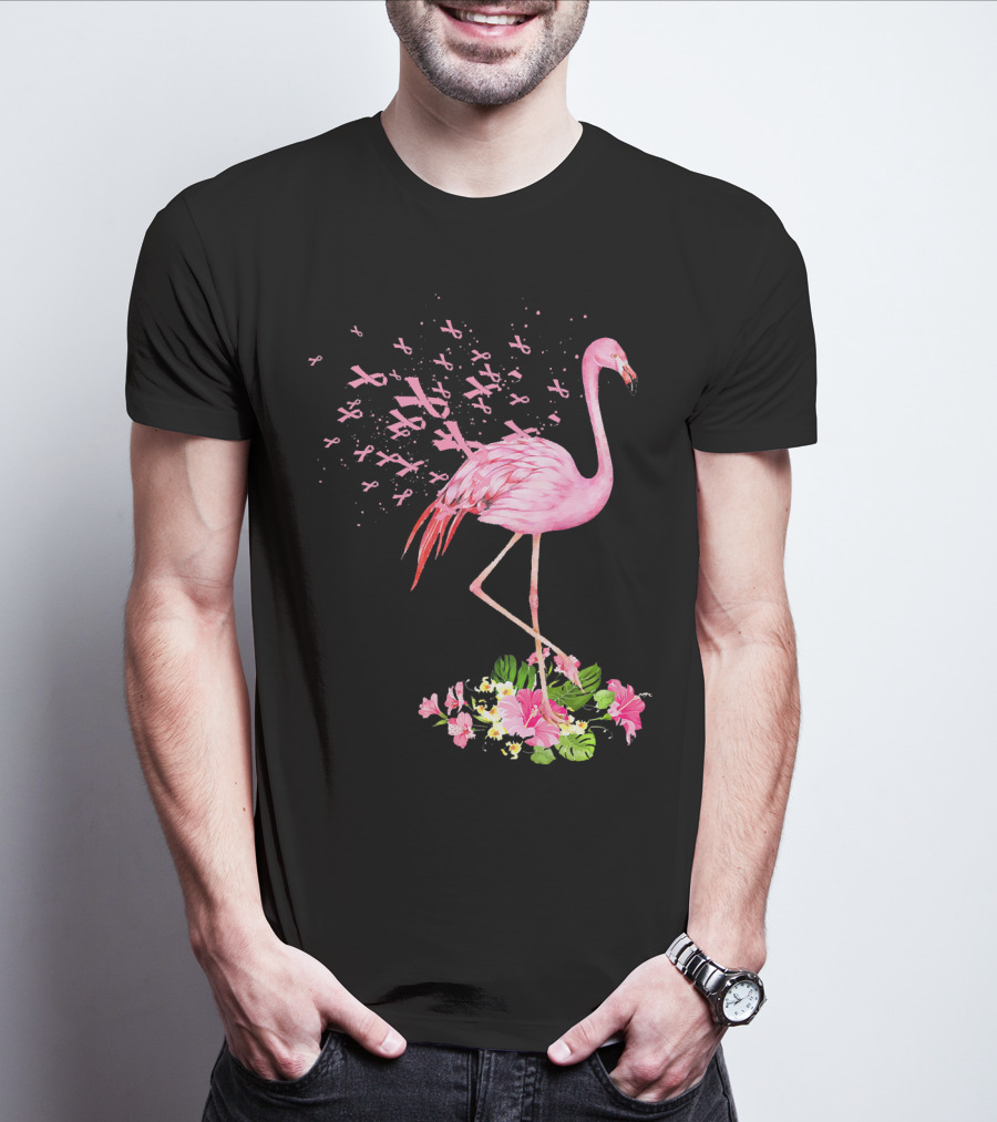 Flamingo With Pink Breast Cancer Ribbons And Floral Accents T-Shirt
