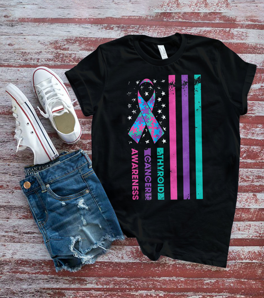 Thyroid Cancer Awareness Puzzle Ribbon Flag Stars Stripes T-Shirt