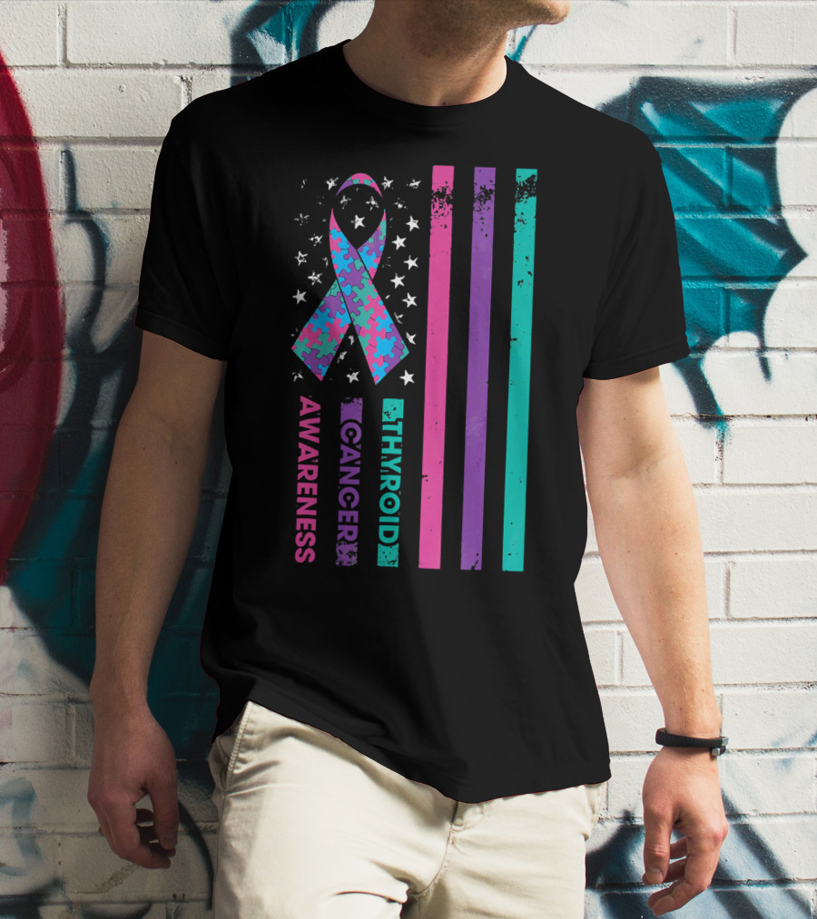 Thyroid Cancer Awareness Puzzle Ribbon Flag Stars Stripes T-Shirt