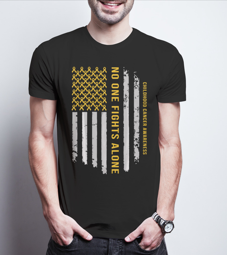 No One Fights Alone Childhood Cancer Awareness American Flag T-Shirt