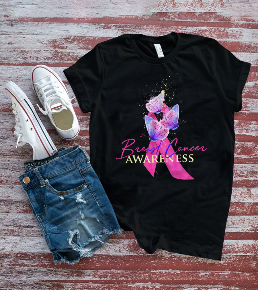 Breast Cancer Awareness Pink Ribbon Butterfly T-Shirt
