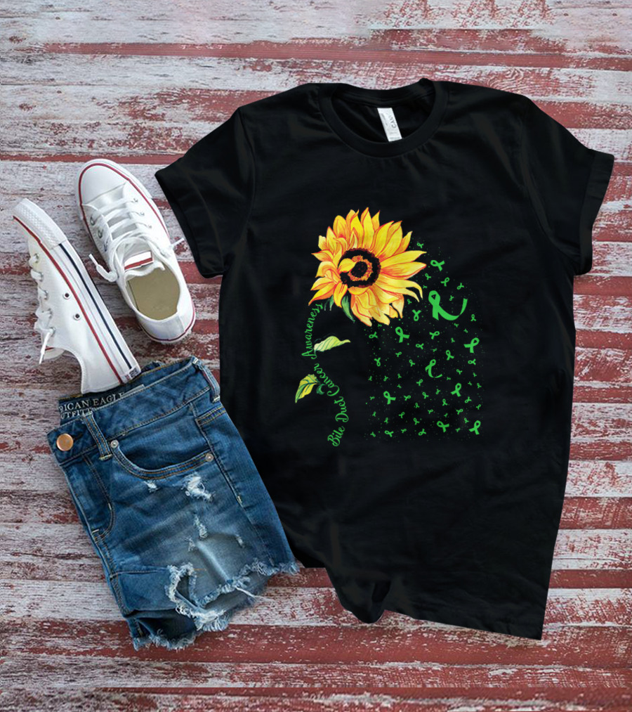 Sunflower Bile Duct Cancer Awareness Ribbon Green T-Shirt