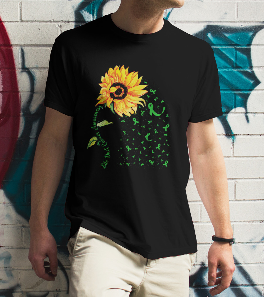 Sunflower Bile Duct Cancer Awareness Ribbon Green T-Shirt