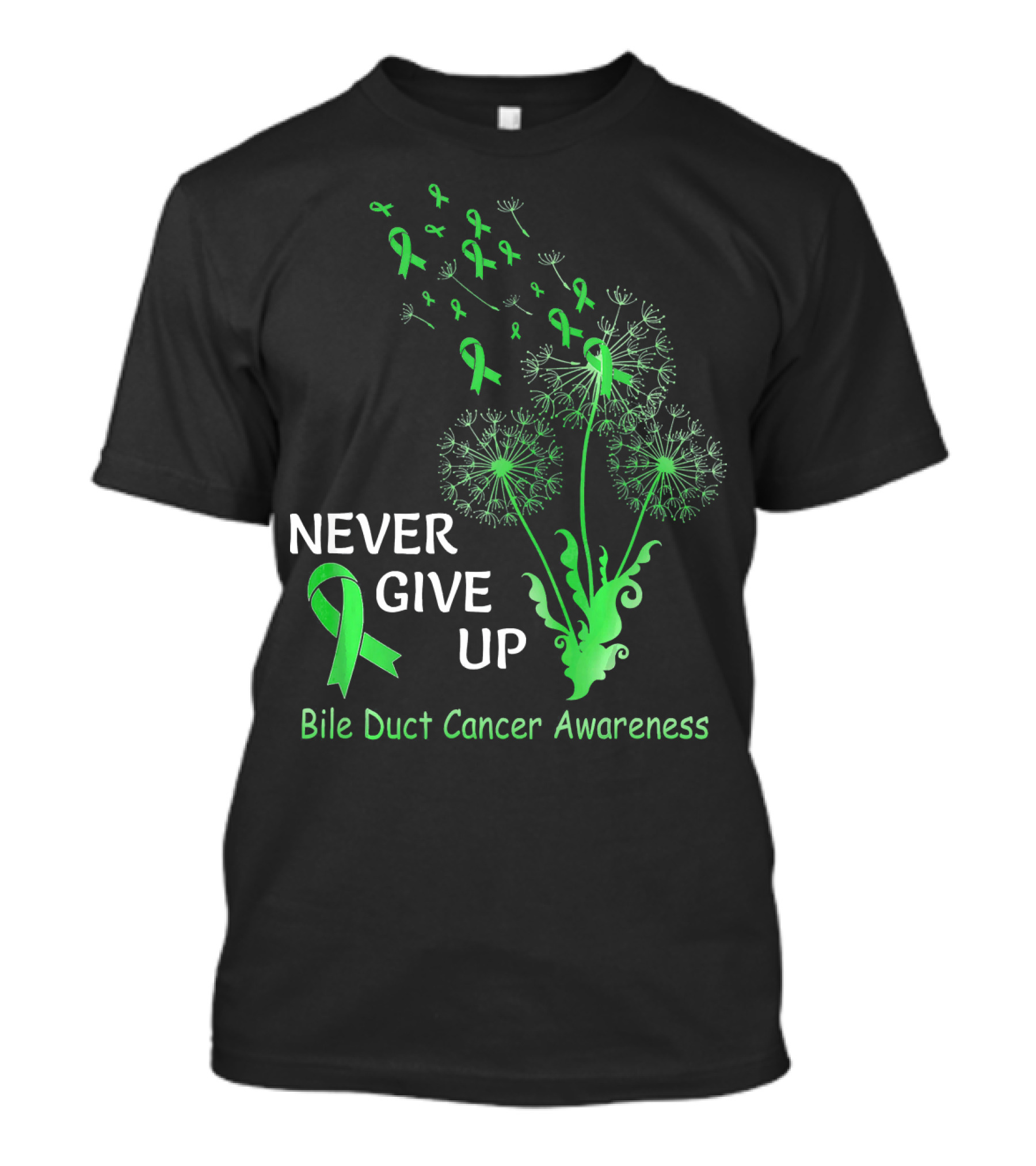 Never Give Up Bile Duct Cancer Awareness Dandelion Green Ribbons T-Shirt