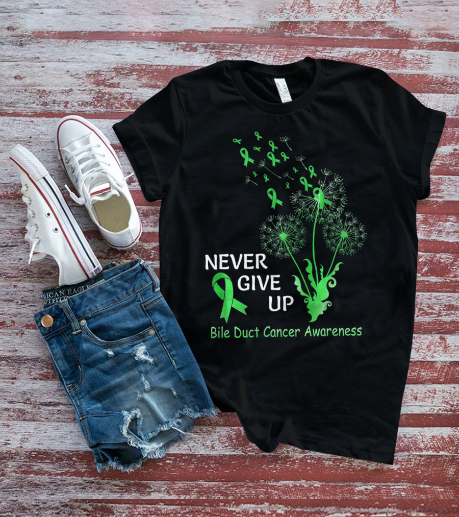 Never Give Up Bile Duct Cancer Awareness Dandelion Green Ribbons T-Shirt