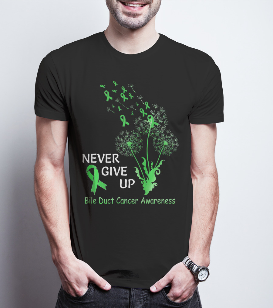 Never Give Up Bile Duct Cancer Awareness Dandelion Green Ribbons T-Shirt