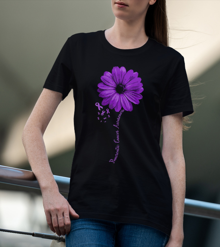 Pancreatic Cancer Awareness Purple Ribbon Purple Flower T-Shirt