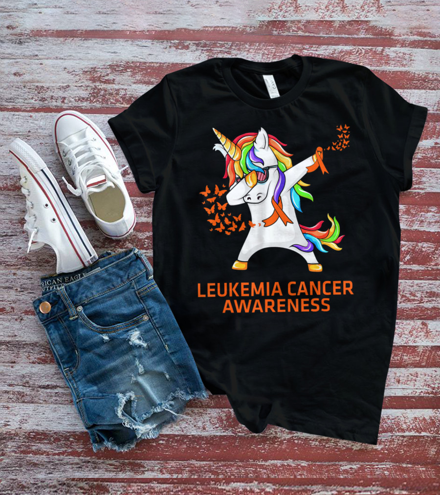 Leukemia Cancer Awareness Unicorn Dabbing With Rainbow Mane And Orange T-Shirt