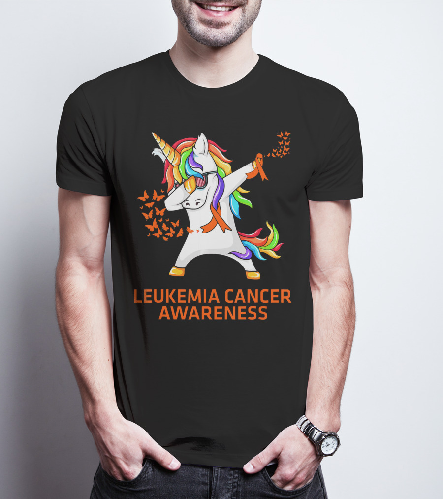 Leukemia Cancer Awareness Unicorn Dabbing With Rainbow Mane And Orange T-Shirt