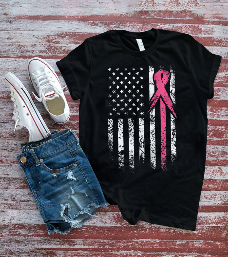 Breast Cancer Awareness American Flag Grunge T-Shirt