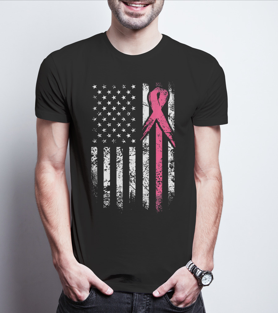 Breast Cancer Awareness American Flag Grunge T-Shirt