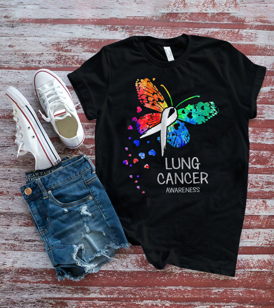 Lung Cancer Awareness Rainbow Butterfly T-Shirt