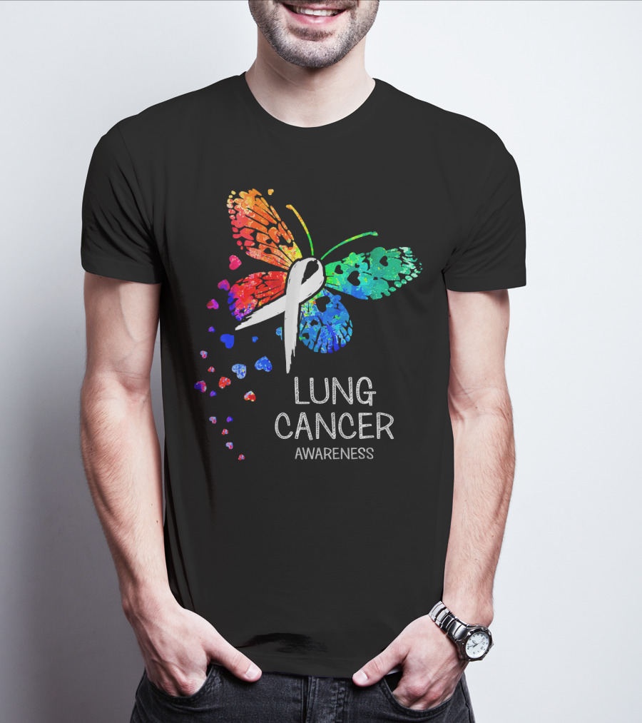 Lung Cancer Awareness Rainbow Butterfly T-Shirt