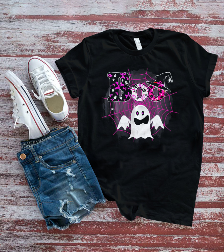 Boo Breast Cancer Awareness Ghost With Witch Hat And Pink Ribbon Web T-Shirt