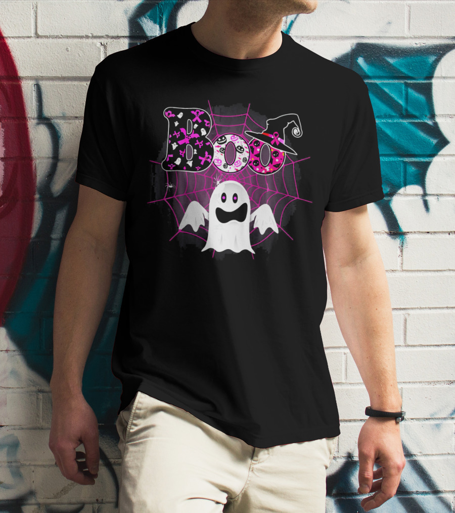 Boo Breast Cancer Awareness Ghost With Witch Hat And Pink Ribbon Web T-Shirt