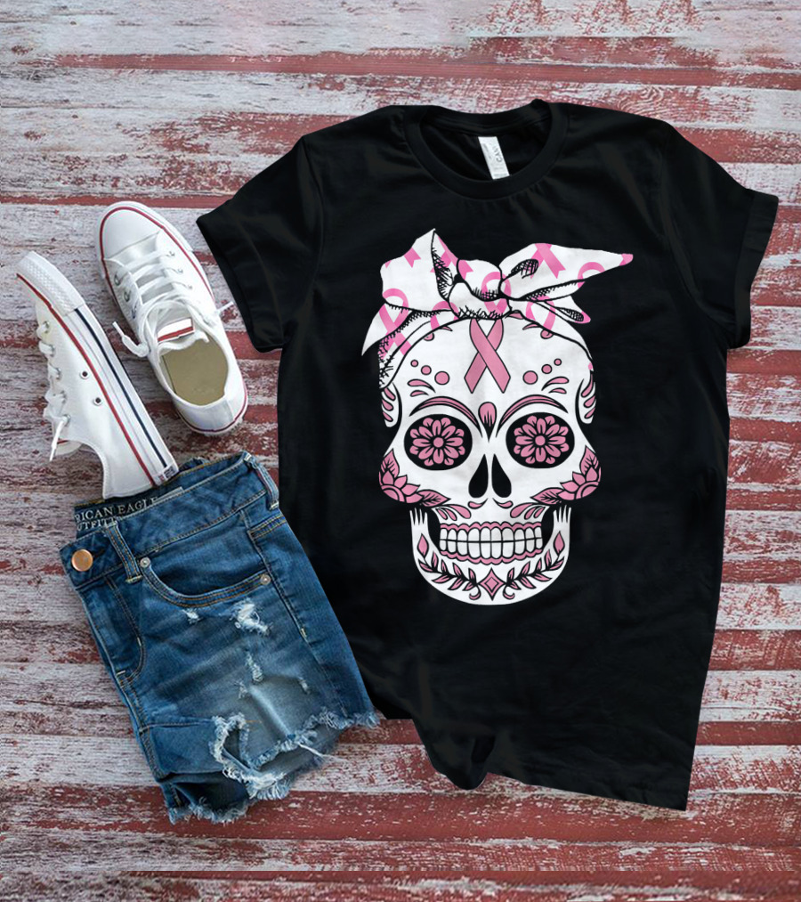 Day Of The Dead Skull With Pink Ribbon For Breast Cancer Awareness T-Shirt
