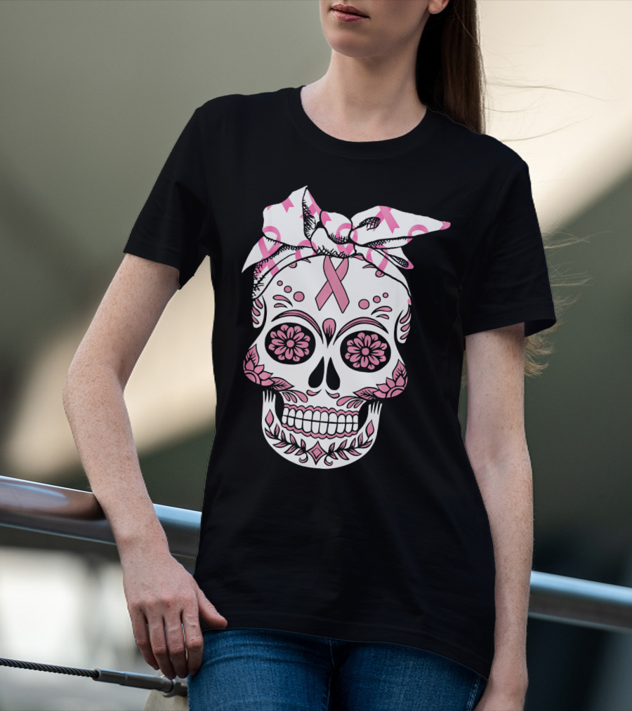 Day Of The Dead Skull With Pink Ribbon For Breast Cancer Awareness T-Shirt