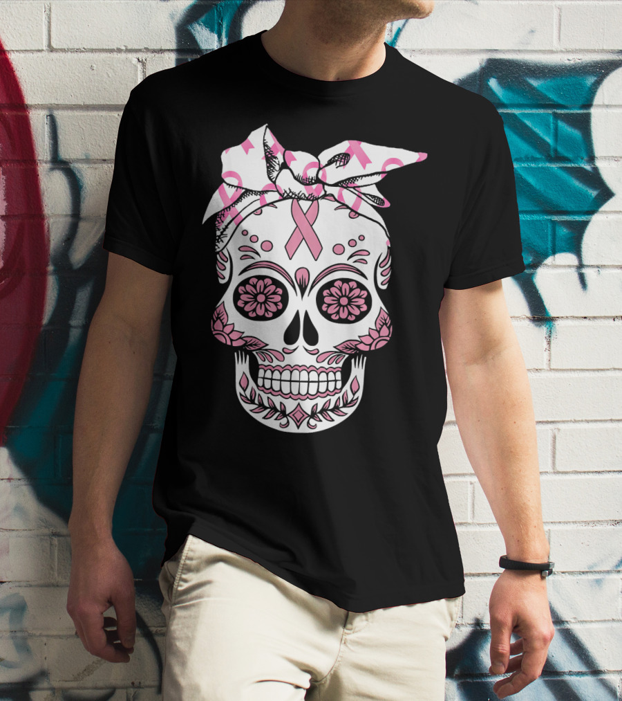 Day Of The Dead Skull With Pink Ribbon For Breast Cancer Awareness T-Shirt
