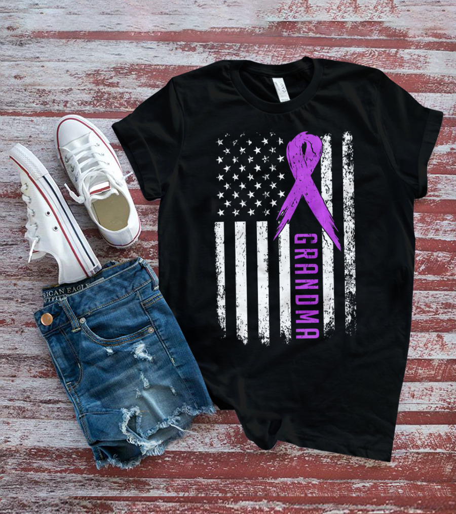Grandma American Flag Purple Ribbon Pancreatic Cancer Awareness T-Shirt