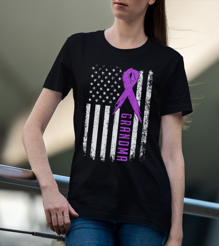 Grandma American Flag Purple Ribbon Pancreatic Cancer Awareness T-Shirt