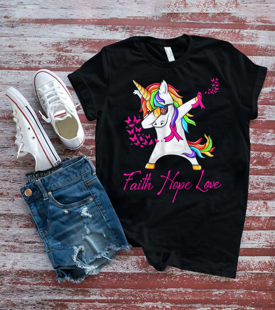 Faith Hope Love Pink Unicorn Breast Cancer Awareness T-Shirt