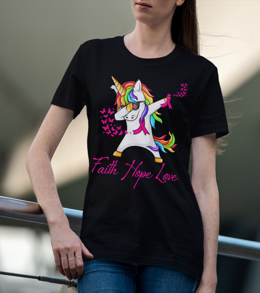 Faith Hope Love Pink Unicorn Breast Cancer Awareness T-Shirt