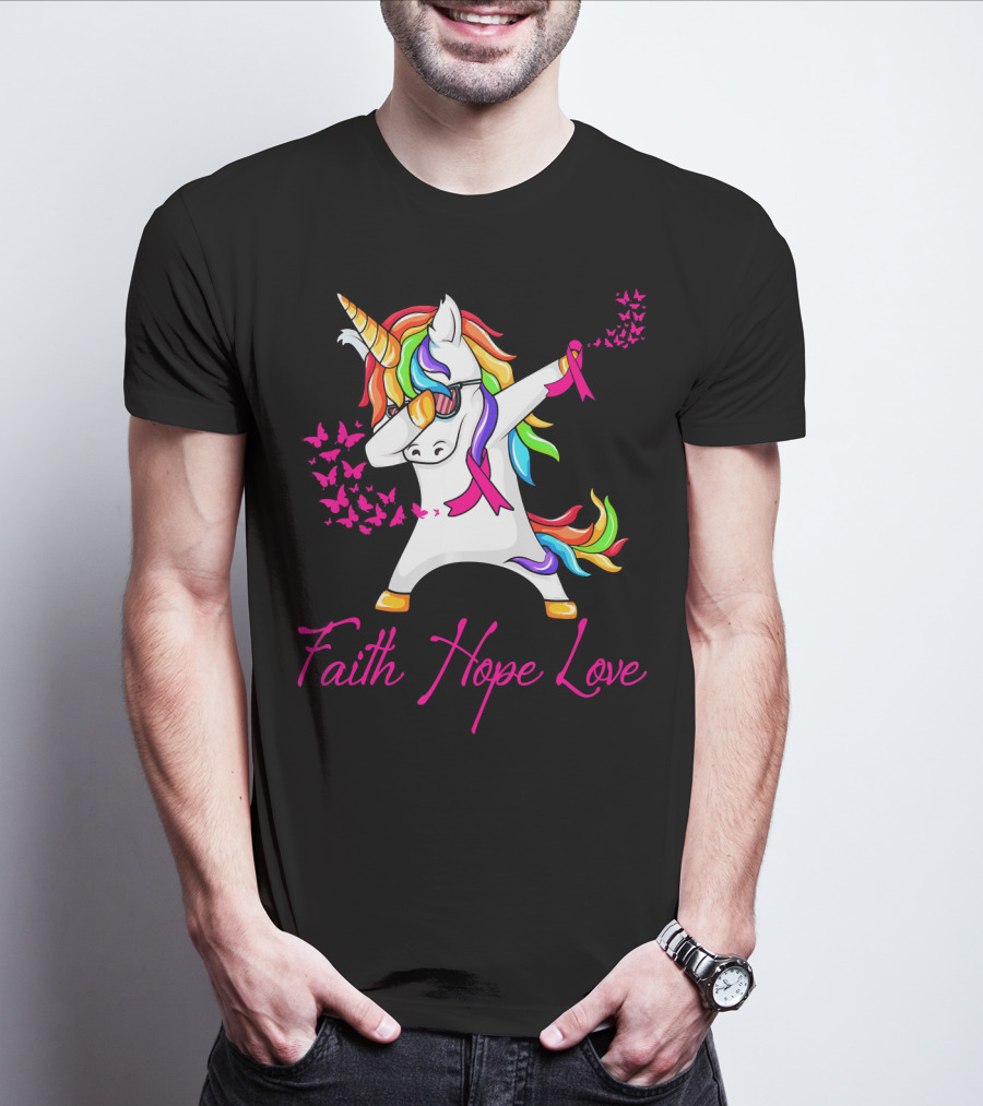 Faith Hope Love Pink Unicorn Breast Cancer Awareness T-Shirt