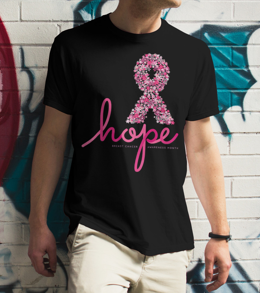 Hope Breast Cancer Awareness Month Pink Ribbon Floral T-Shirt