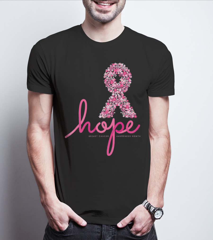 Hope Breast Cancer Awareness Month Pink Ribbon Floral T-Shirt
