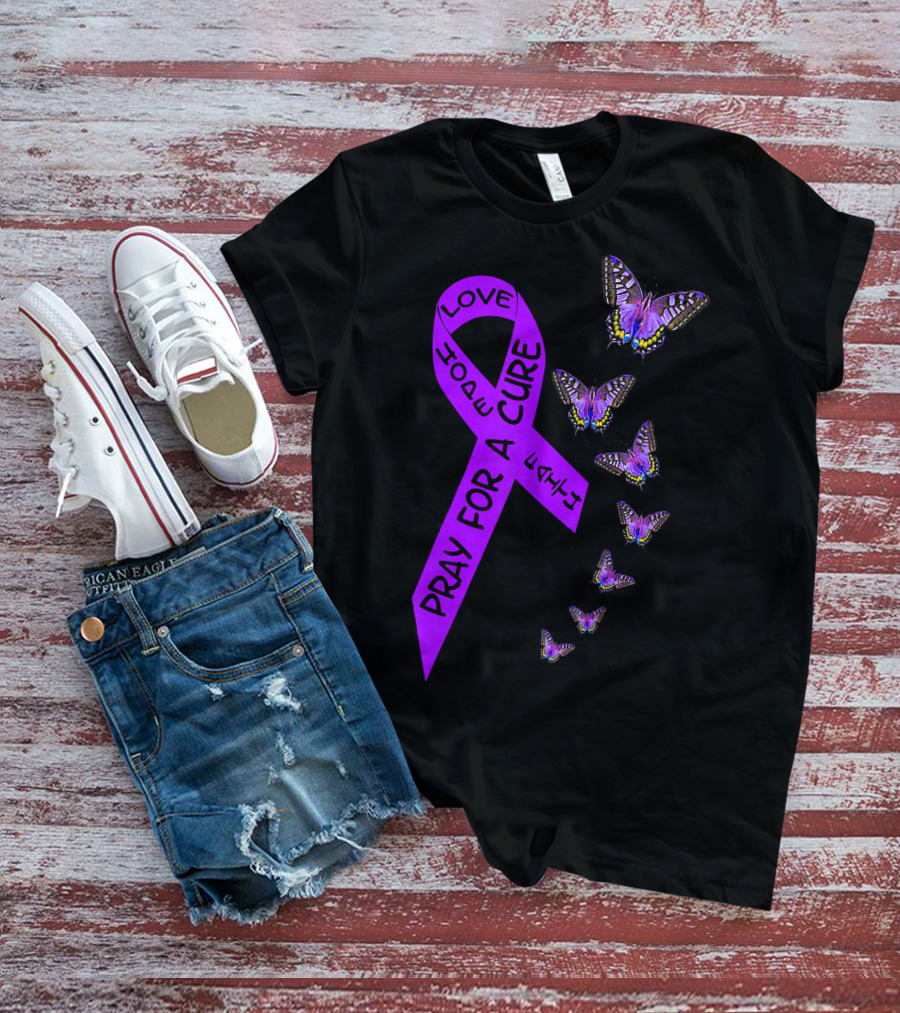 Pray For A Cure Love Hope Purple Ribbon Butterflies Pancreatic Cancer Awareness T-Shirt