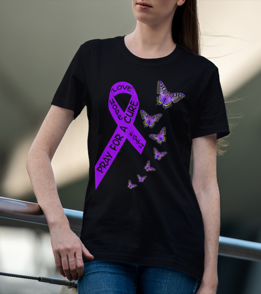 Pray For A Cure Love Hope Purple Ribbon Butterflies Pancreatic Cancer Awareness T-Shirt