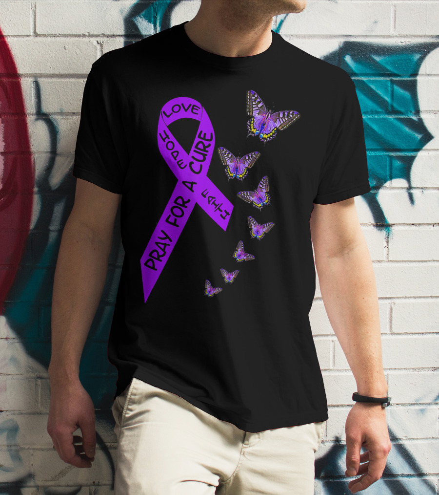 Pray For A Cure Love Hope Purple Ribbon Butterflies Pancreatic Cancer Awareness T-Shirt