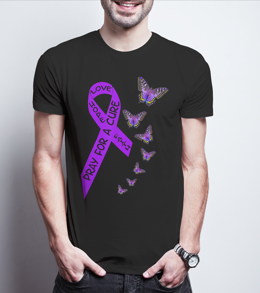 Pray For A Cure Love Hope Purple Ribbon Butterflies Pancreatic Cancer Awareness T-Shirt
