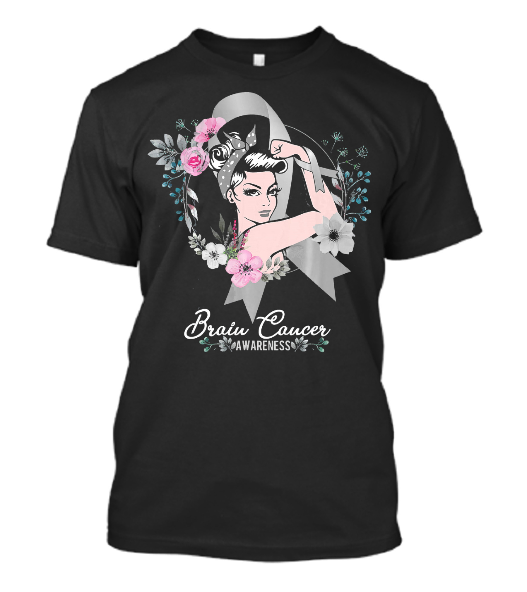 BRAIN CANCER AWARENESS Woman Gray Ribbon Floral T-Shirt