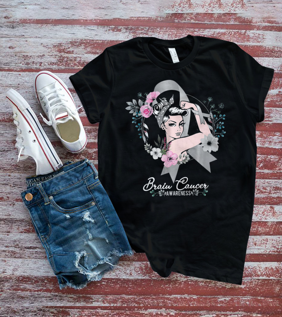 BRAIN CANCER AWARENESS Woman Gray Ribbon Floral T-Shirt