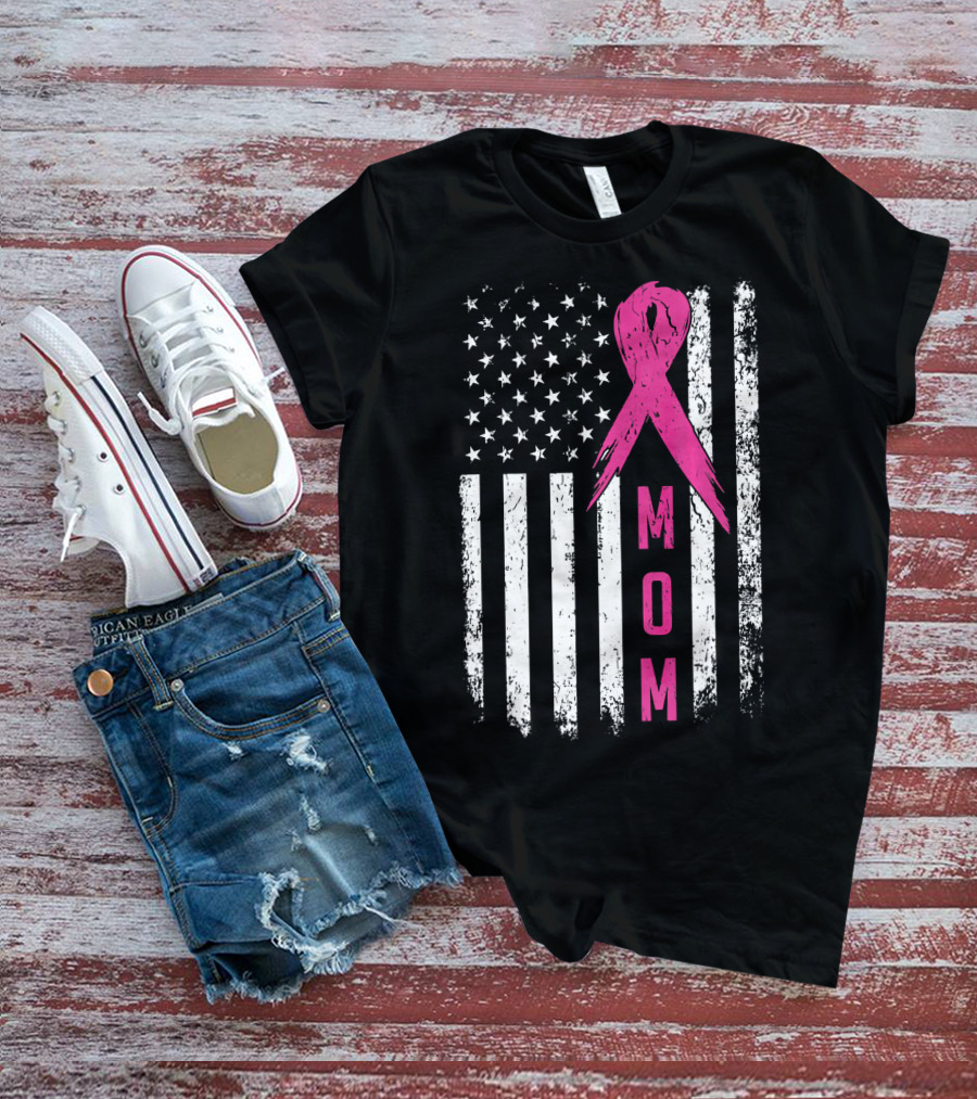 Mom Pink Ribbon American Flag Breast Cancer Awareness T-Shirt