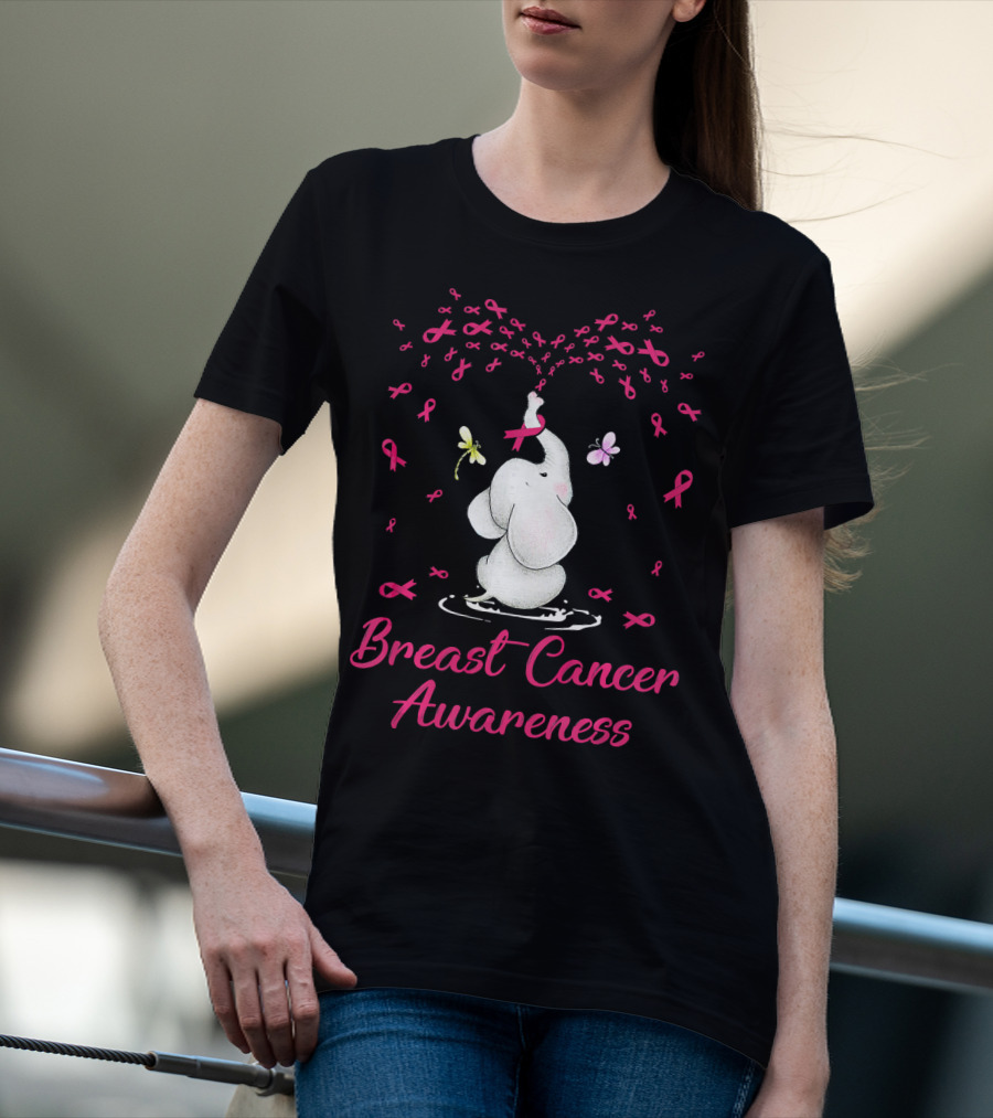 Elephant With Ribbon Breast Cancer Awareness With Butterflies And Ribbons T-Shirt