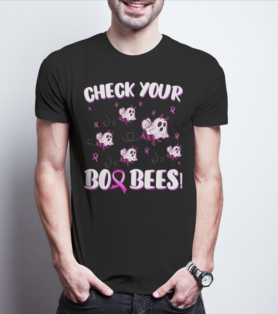 Check Your Boo Bees Breast Cancer Awareness Funny Ghost Bees T-Shirt