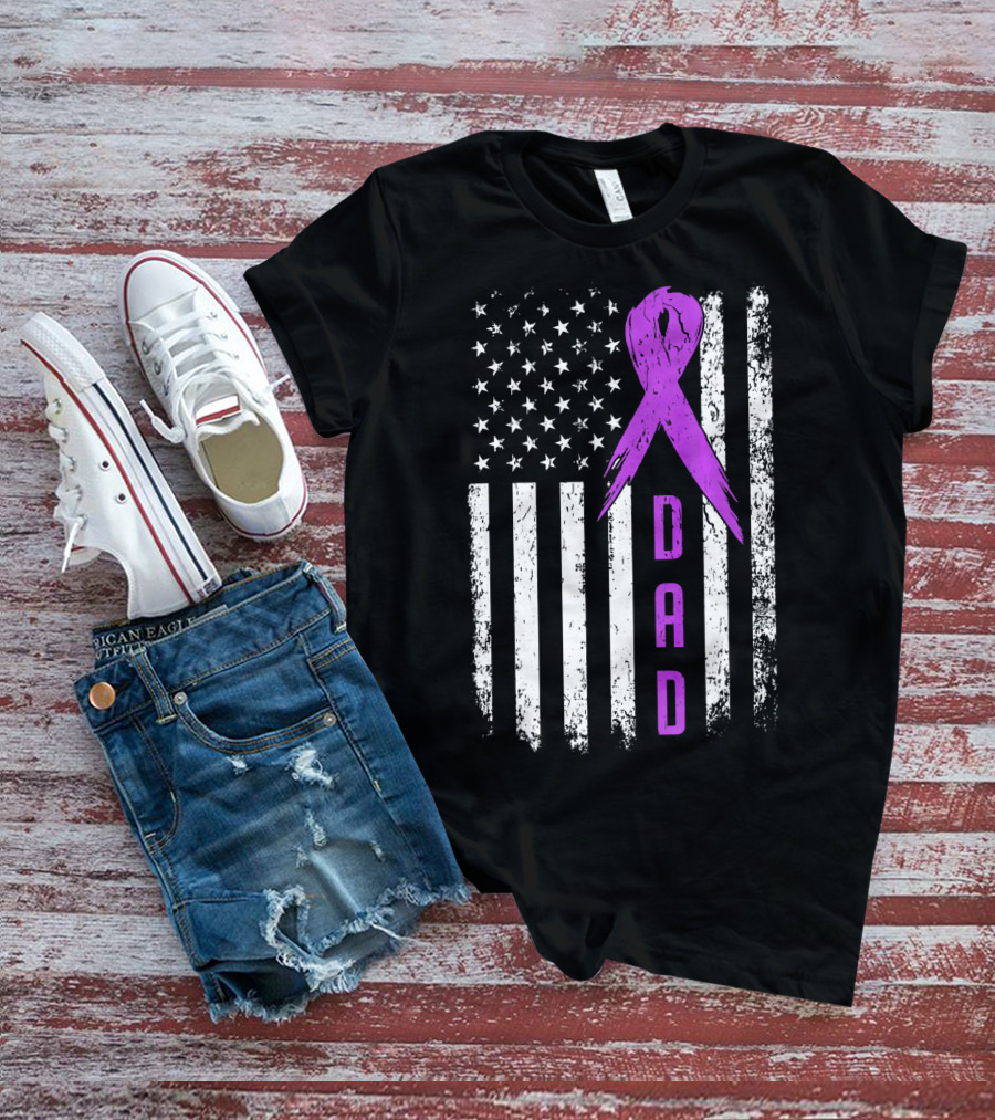 Dad American Flag Pancreatic Cancer Awareness Purple T-Shirt