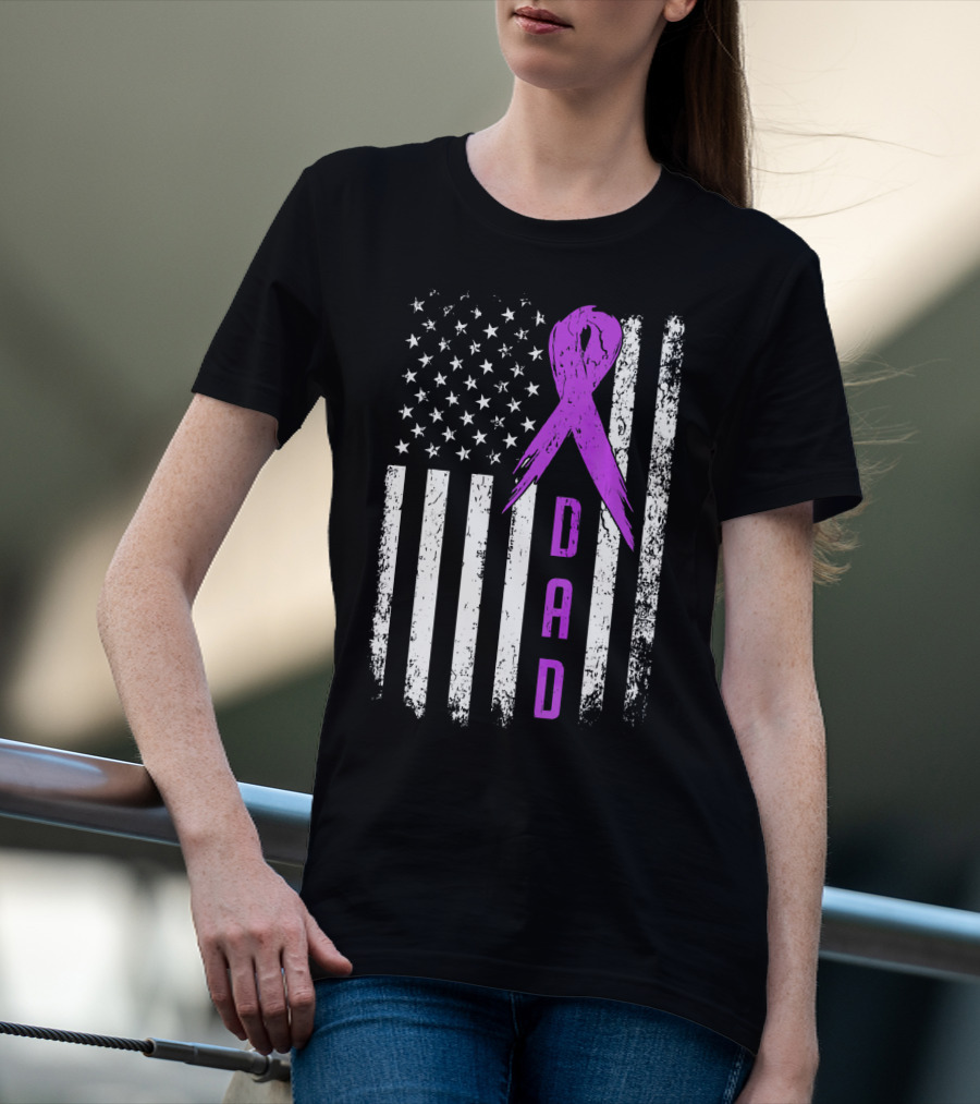 Dad American Flag Pancreatic Cancer Awareness Purple T-Shirt