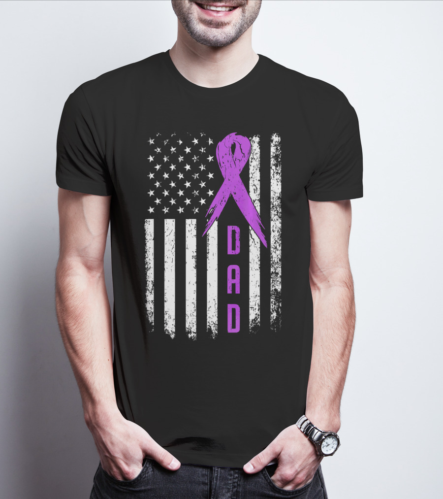 Dad American Flag Pancreatic Cancer Awareness Purple T-Shirt