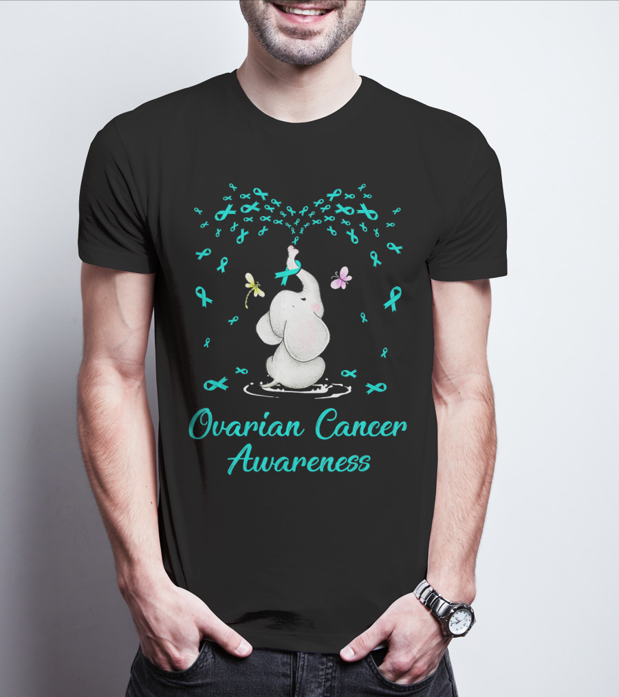 Ovarian Cancer Awareness Elephant With Ribbon And Butterflies T-Shirt