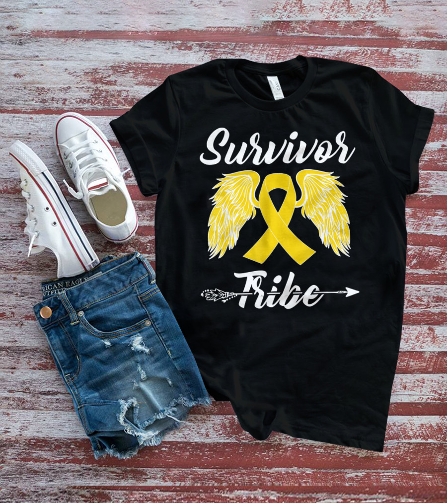 Survivor Tribe Childhood Cancer Awareness Yellow Ribbon Wings T-Shirt
