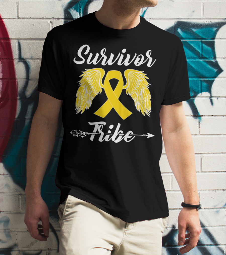 Survivor Tribe Childhood Cancer Awareness Yellow Ribbon Wings T-Shirt