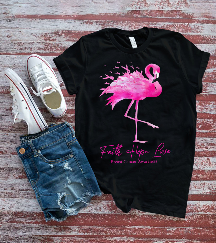 Faith Hope Love Flamingo Pink Breast Cancer Awareness T-Shirt