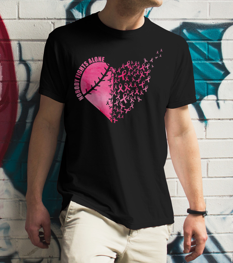 Nobody Fights Alone Heart Pink Ribbons Baseball Softball T-Shirt