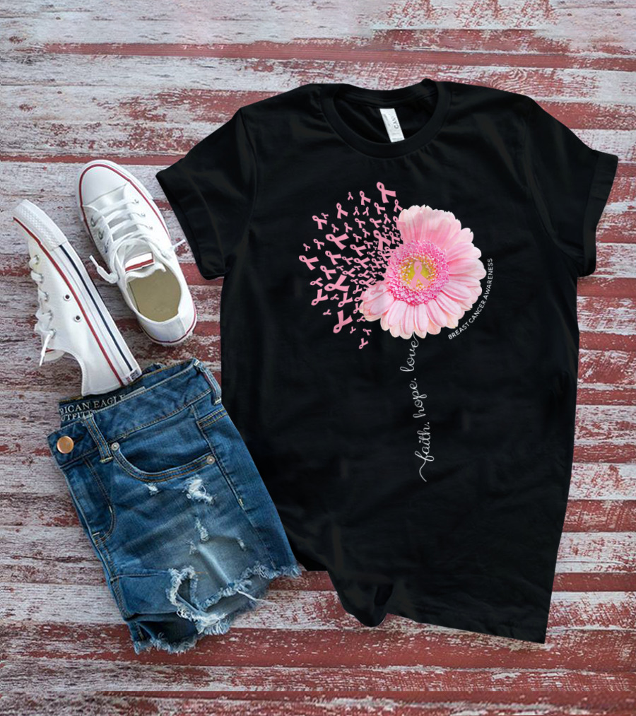 Faith Hope Love Dandelion Daisy Breast Cancer Awareness T-Shirt