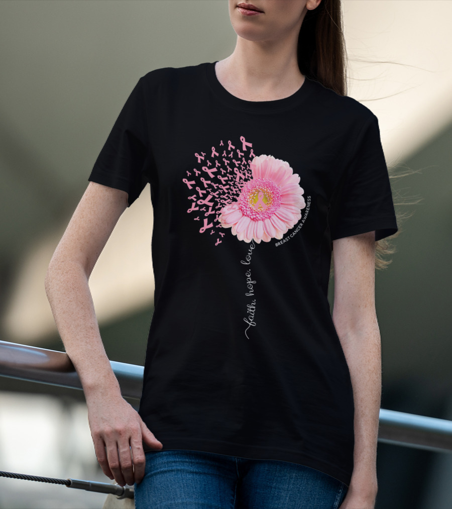 Faith Hope Love Dandelion Daisy Breast Cancer Awareness T-Shirt